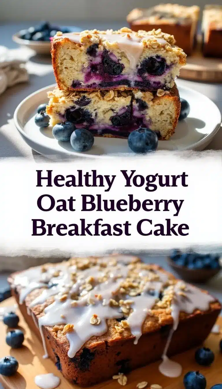 Pinterest pin for Healthy Yogurt Oat Blueberry Cake