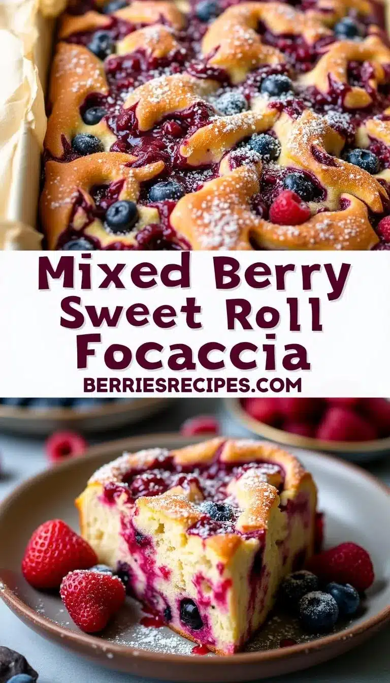 Pinterest pin for Mixed Berry Sweet Roll Focaccia