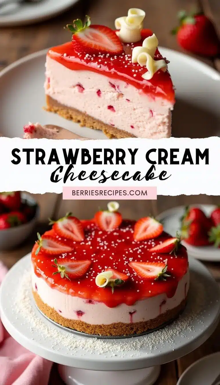 Pinterest pin for Strawberry Cream Cheesecake