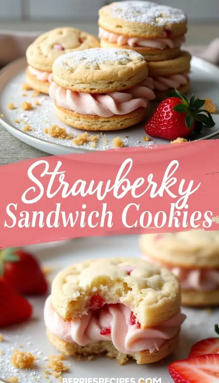 Pinterest pin for Strawberry Shortcake Sandwich Cookies