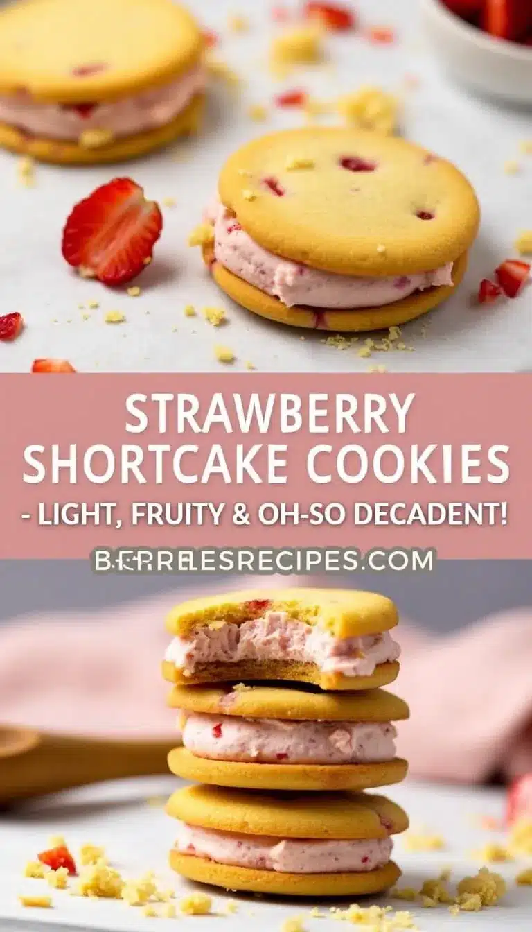 Pinterest pin for Strawberry Shortcake Sandwich Cookies