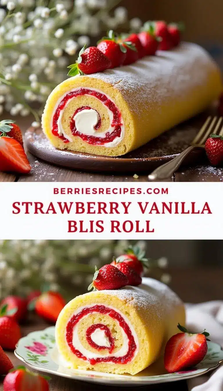 Pinterest pin for Strawberry Vanilla Roll Recipe