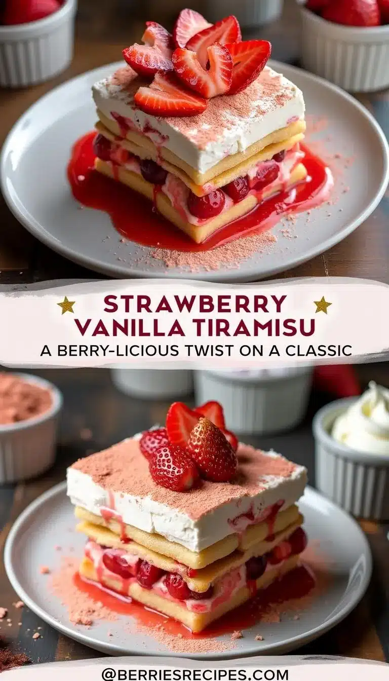 Pinterest pin for Strawberry Vanilla Tiramisu